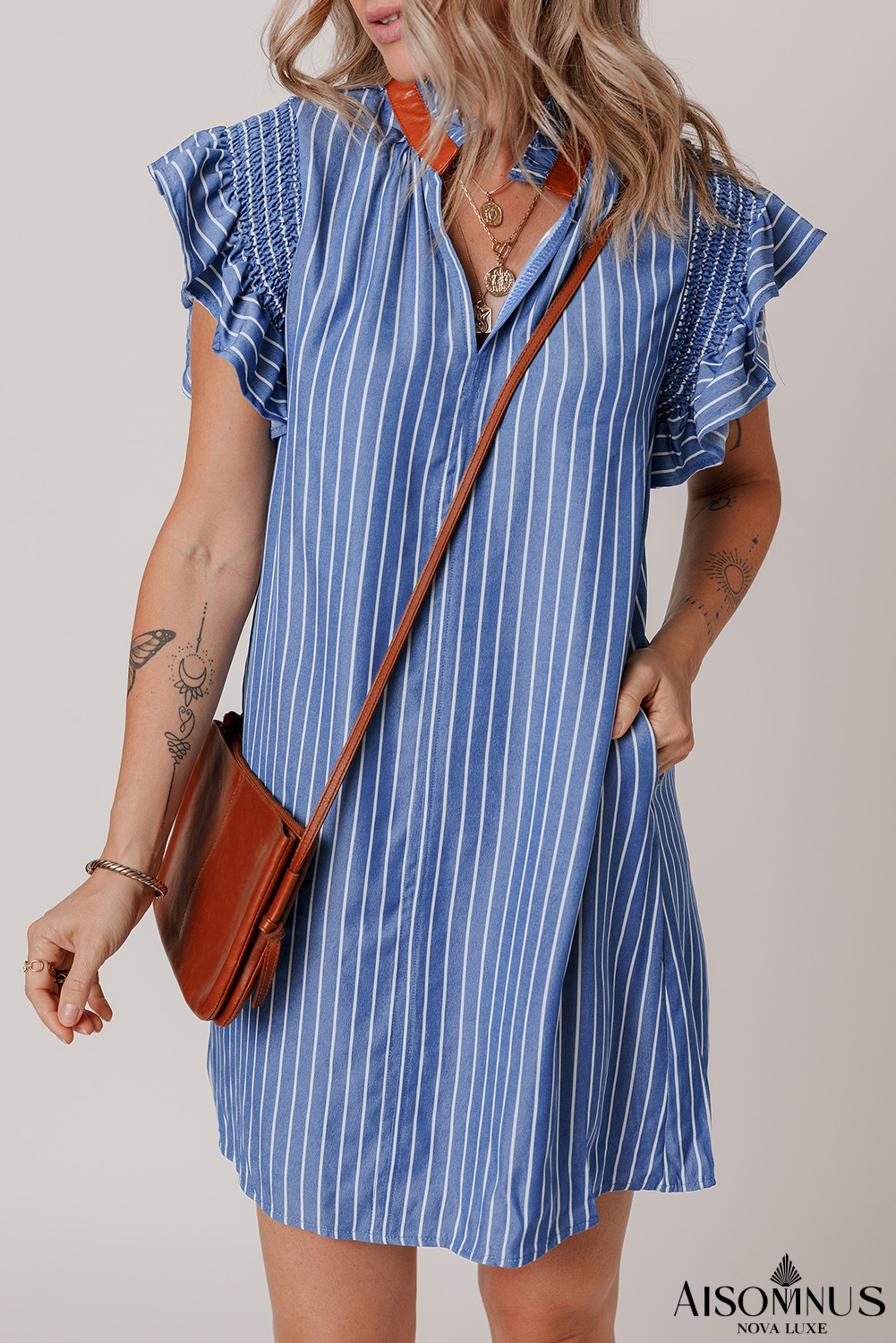 Sky Blue Stripe Frilly Split Neck Shirred Ruffle Sleeve Mini Shift Dress