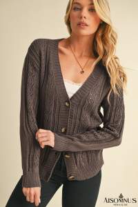 Dark Khaki Hollow Knit Drop Shoulder Cardigan