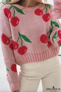 Pink Cherry Print Round Neck Knit Sweater