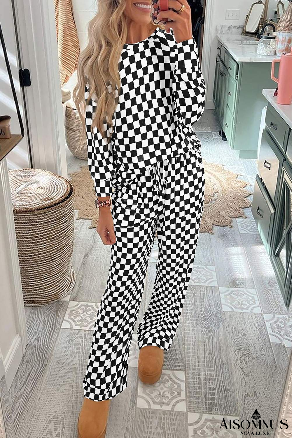 Black Checkered Print Long Sleeve Loose Fit Pajama Set