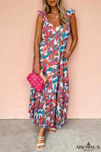 Red Boho Floral Ruffled Strap V Neck Maxi Dress