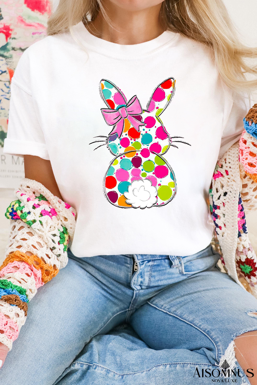 White Polka Dot Bow Rabbit Graphic Crewneck Easter Fashion Tee