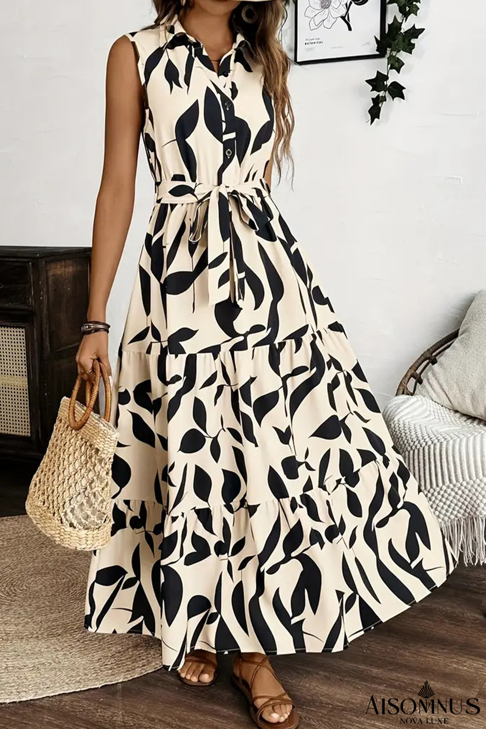 Apricot Abstract Print Knot Waist Collar Sleeveless Maxi Dress