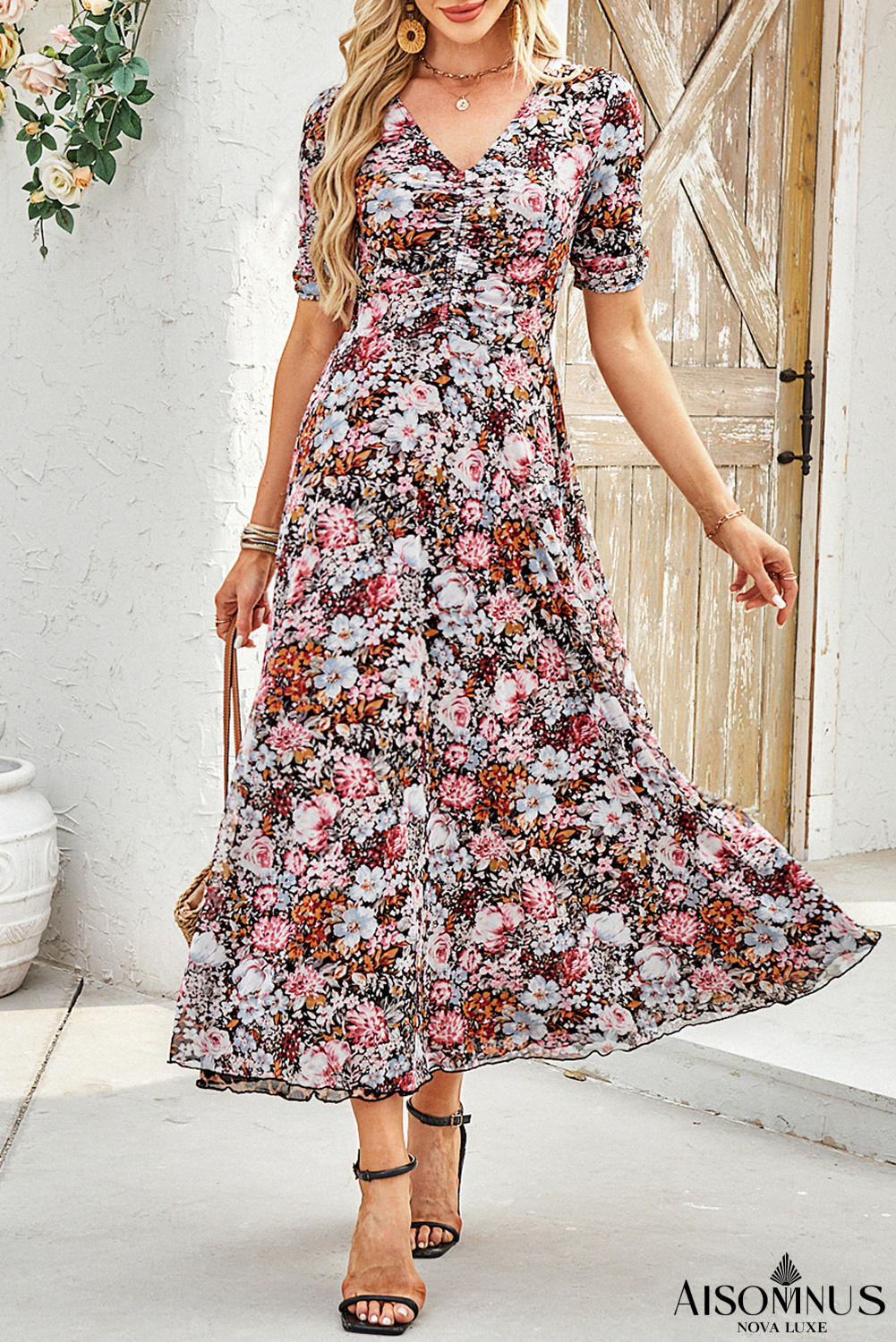 Brown Mesh Leopard Floral Reversible Ruched V Neck Maxi Dress