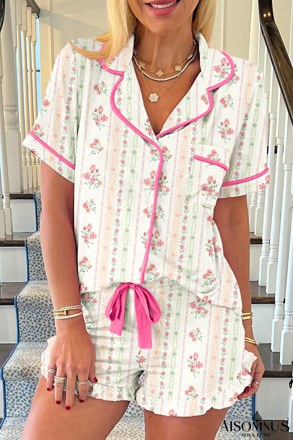 Beige Floral Print Ruffle Hem Shorts Pajama Set