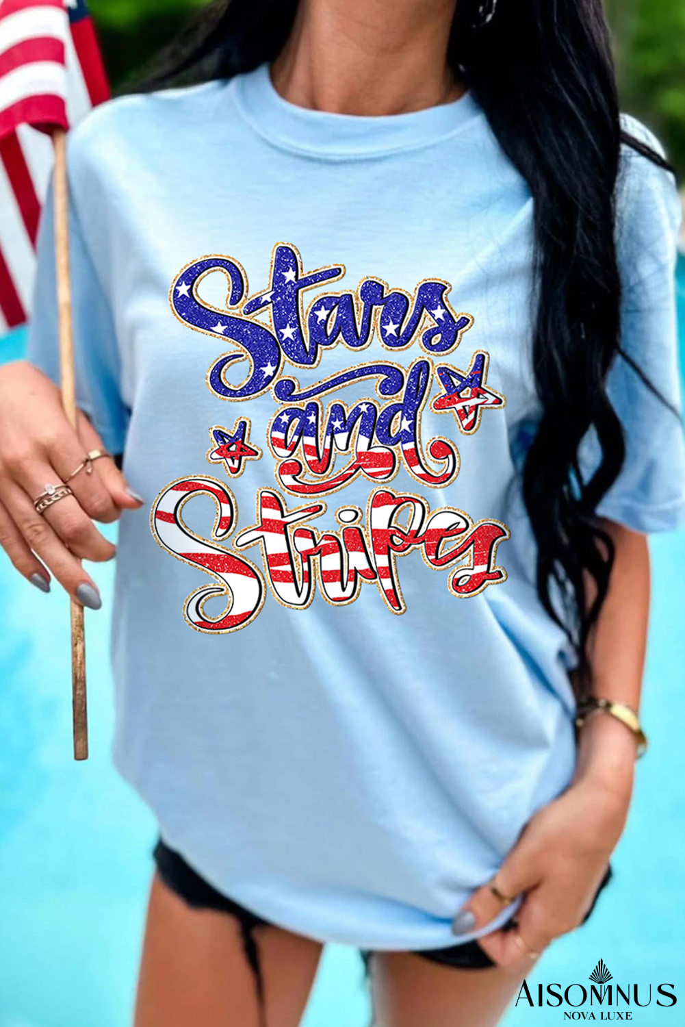 Light Blue Stars and Stripes Graphic July 4th Patriotic Tee