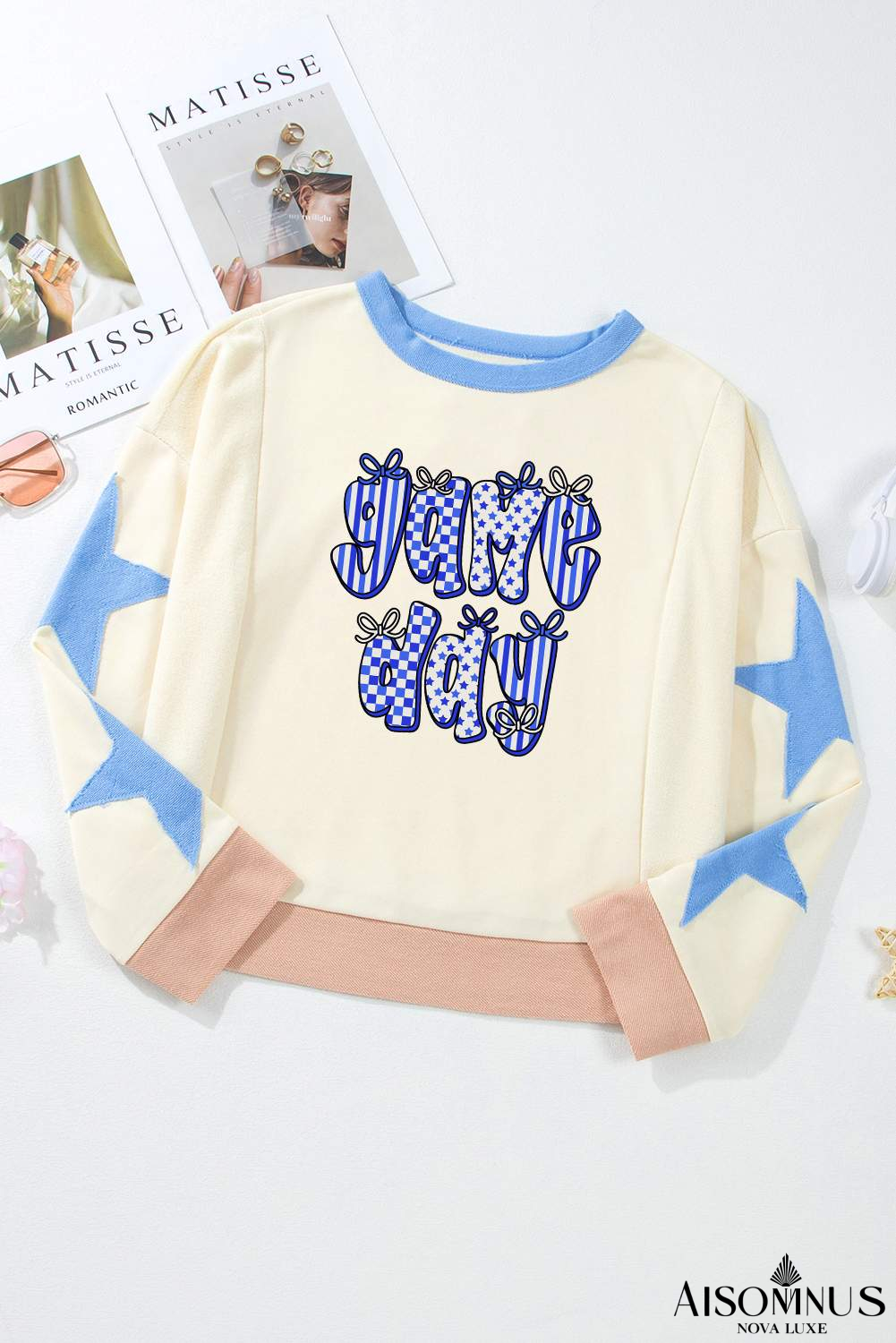 Beige game day Letter Star Patched Sleeve Sweatshirt