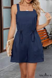 Dirty blue Solid Color Drawstring High Waist Suspender Romper