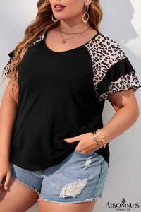Black Leopard Ruffle Patchwork Sleeve Plus Size Summer Top