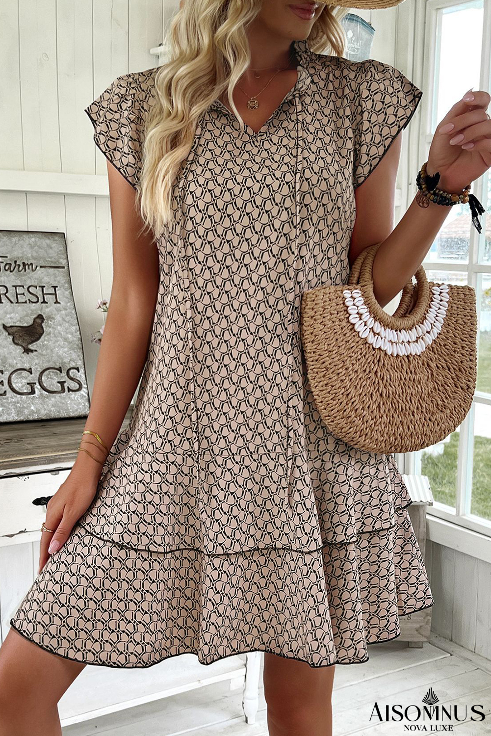 Simply Taupe Bohemian Print V-Neck Flutter Sleeve Ruffle Mini Dress