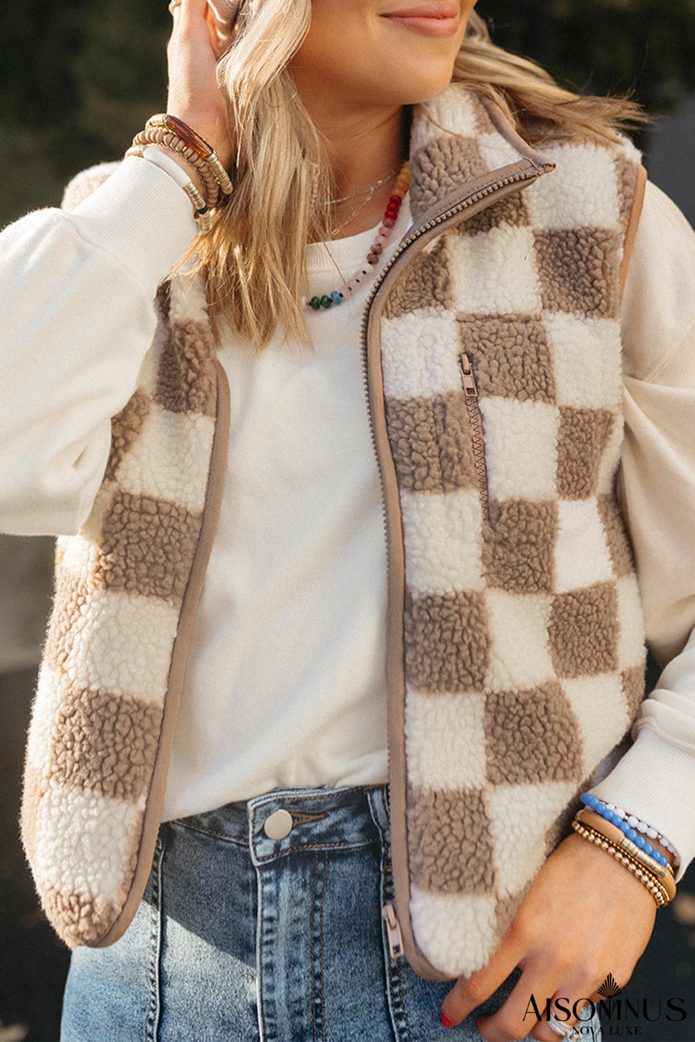 Khaki Checkered Sherpa Collared Jacket Vest