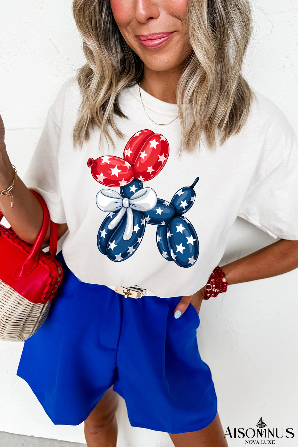 White 4th of July Balloon Dog Graphic Cotton Blend T Shirt