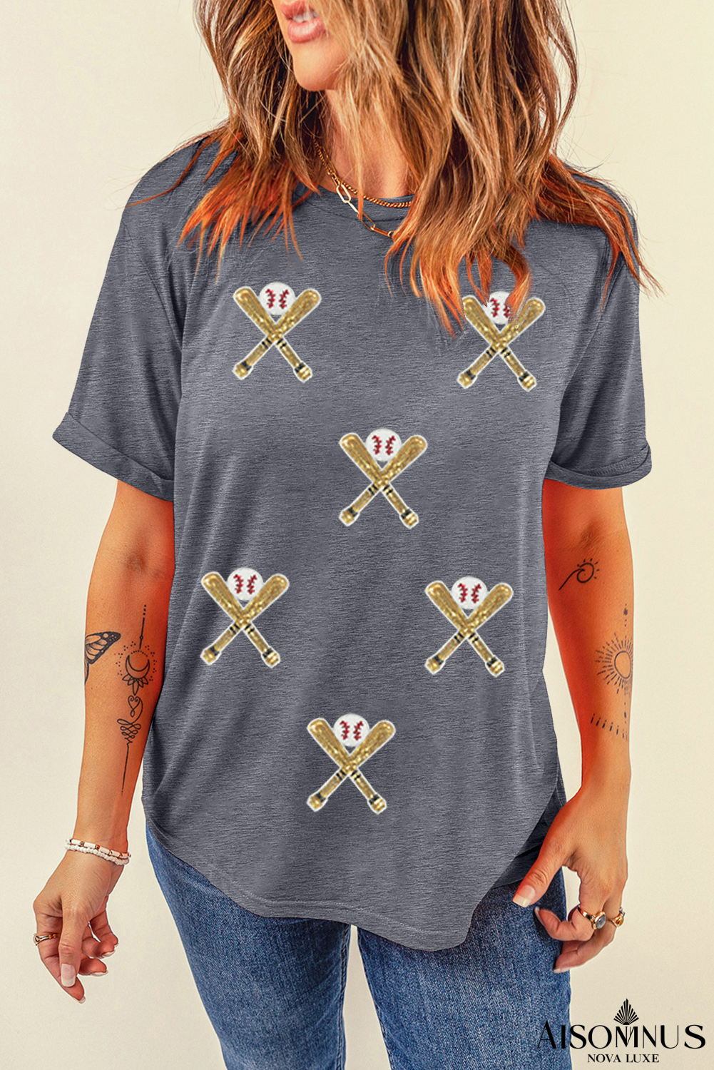 Gray Sequin Baseball Bat Graphic Game Day Casual Tee