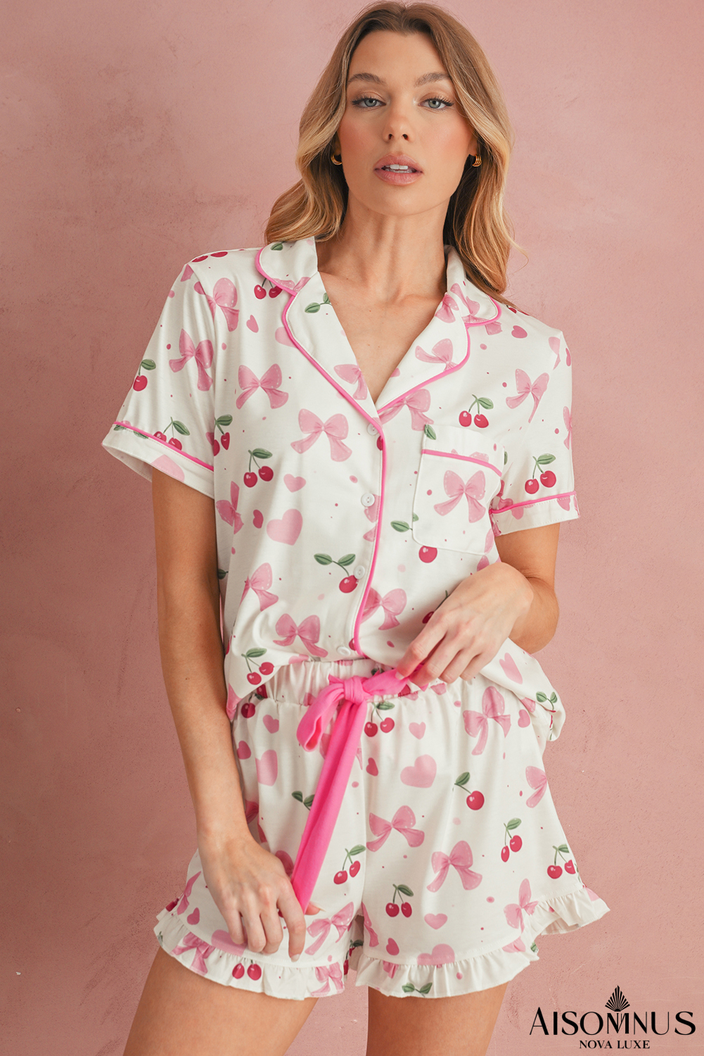 Beige Bow and Cherry Print Ruffle Hem Shorts Pajama Set