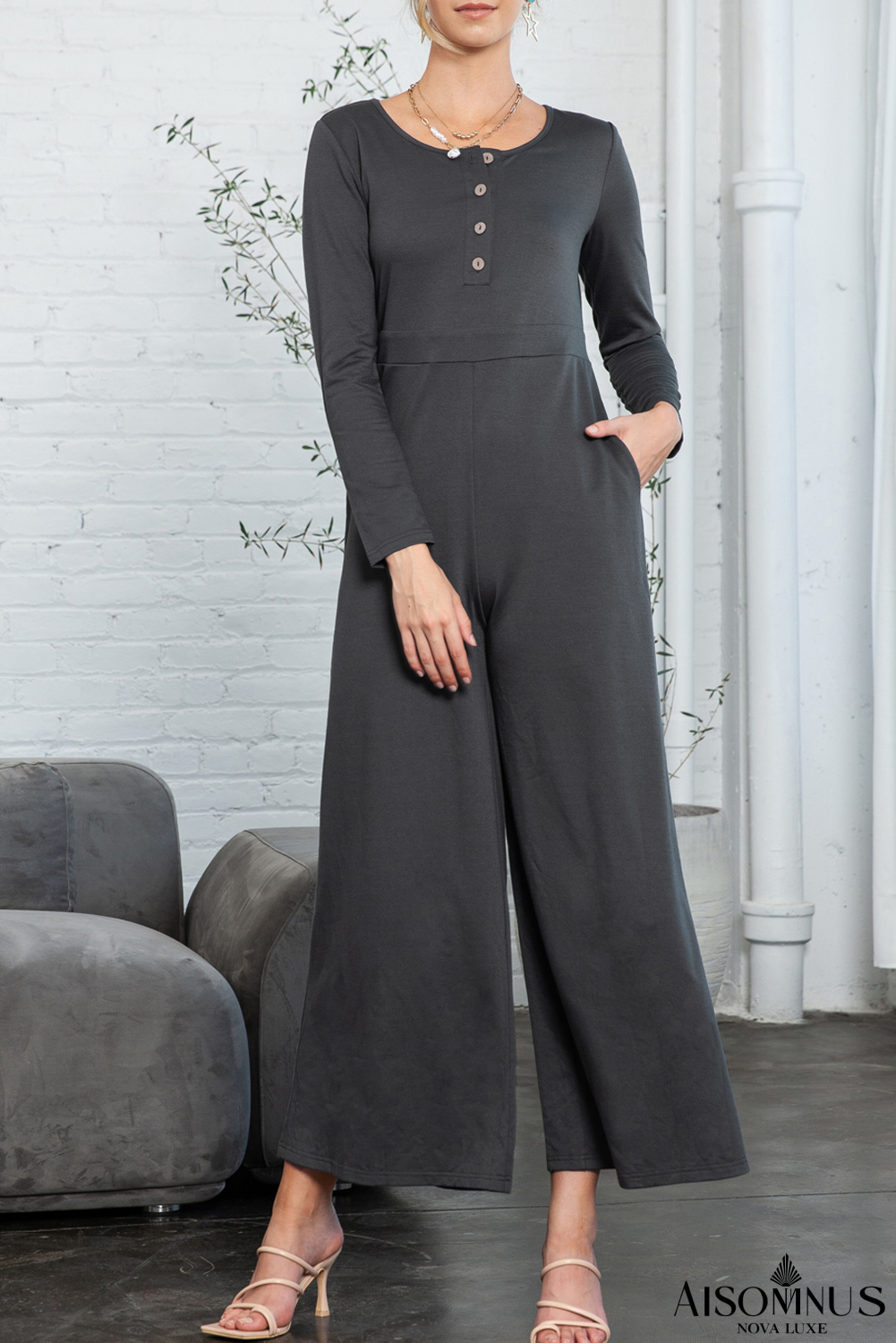 Dark Grey Henley Long Sleeve Wide Leg Jumpsuit with Pockets