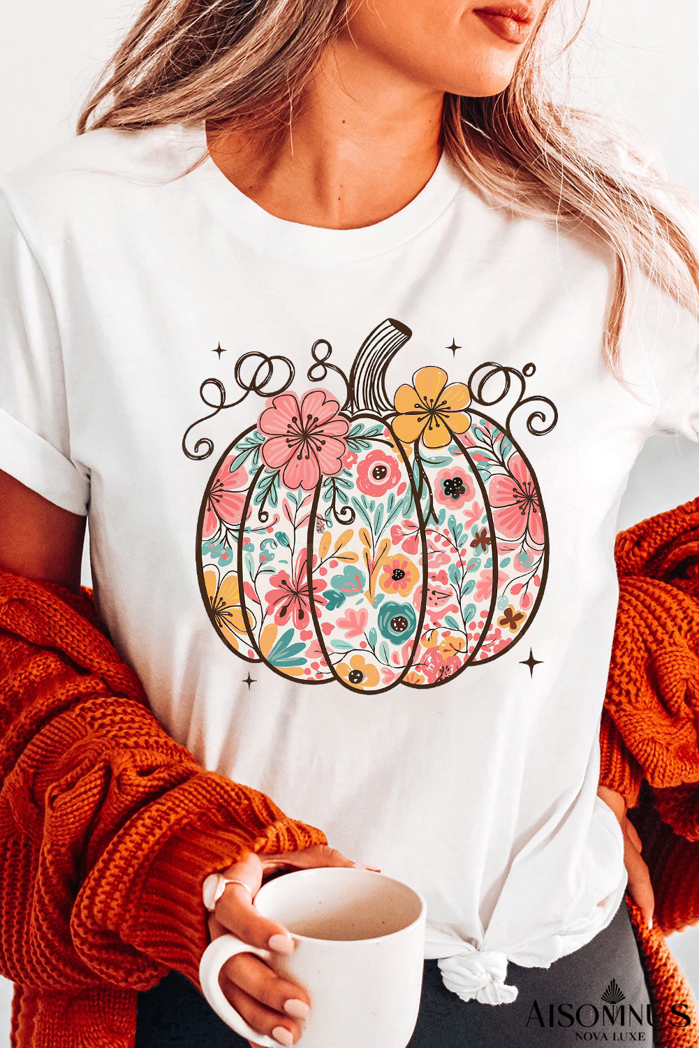 White Floral Pumpkin Print Cotton Blend T Shirt