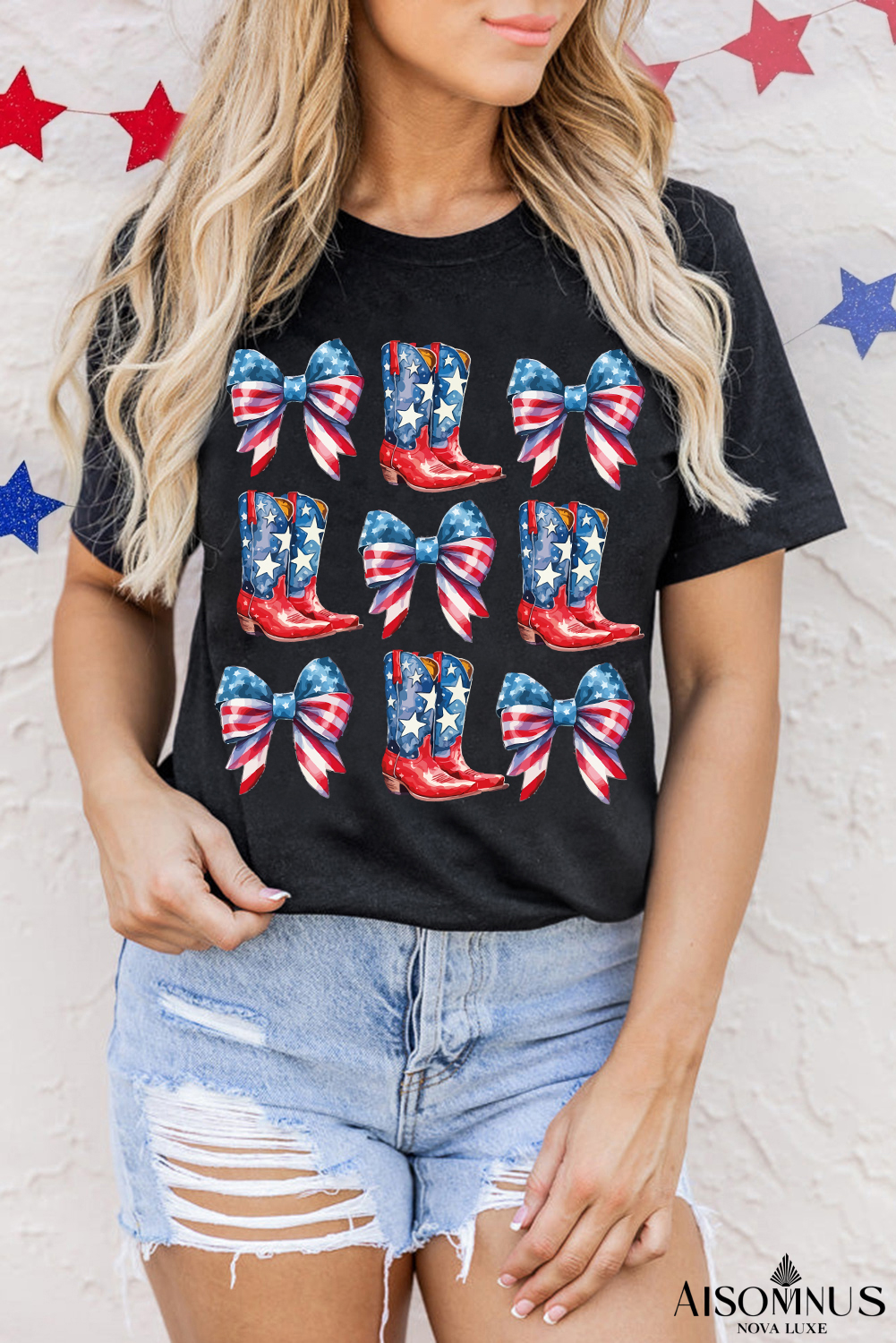 Black Stars and Stripes Bowknot Cowgirl Boots Graphic Patriotic Tee