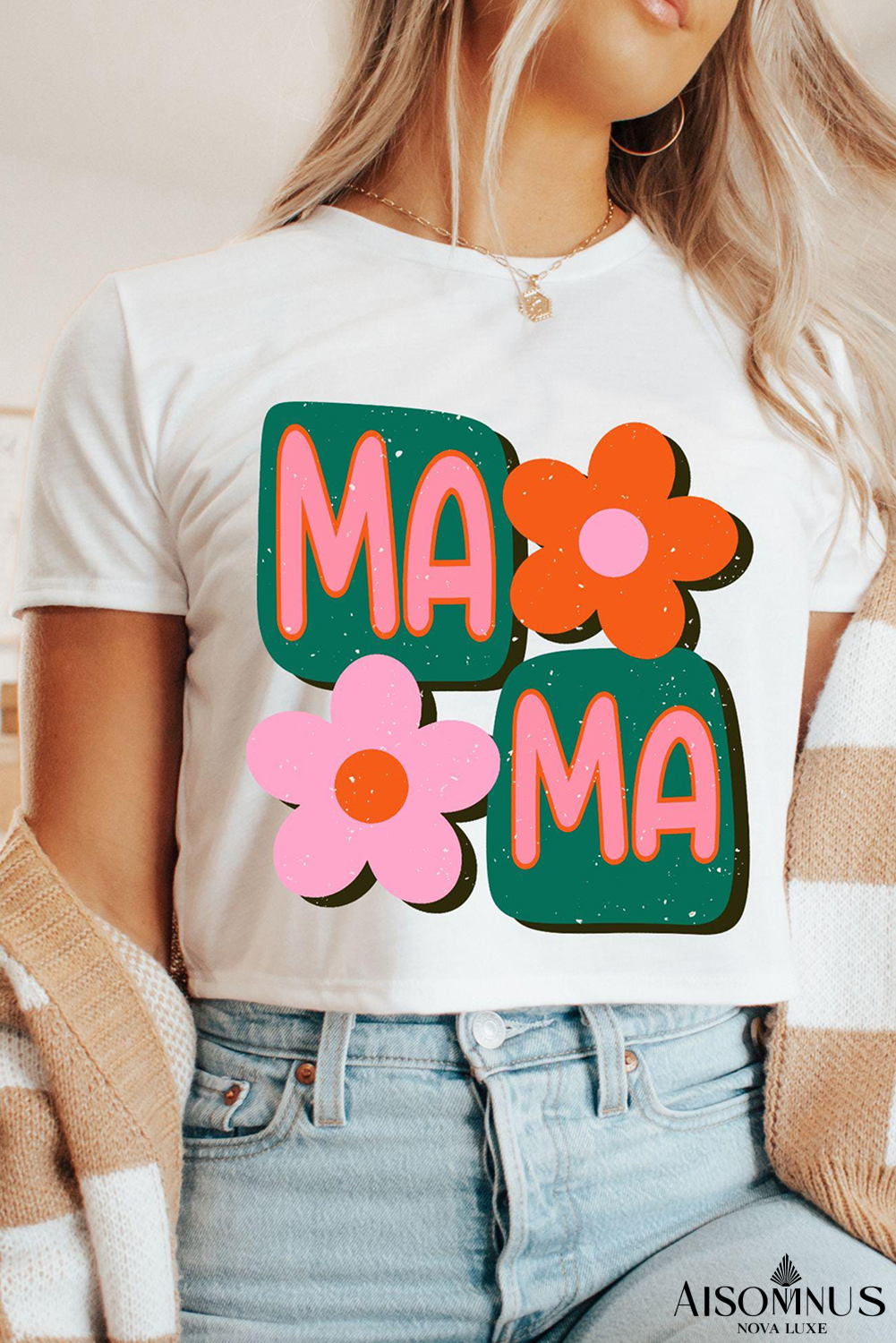 White MAMA Flower Graphic Crewneck Tee