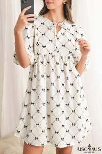 White Sweet Bow Print Lantern Sleeve Mini Dress