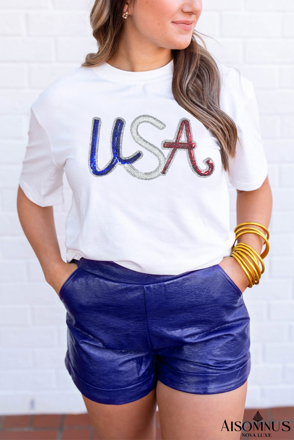 White Sequin USA Graphic Crew Neck Patriotic Tee