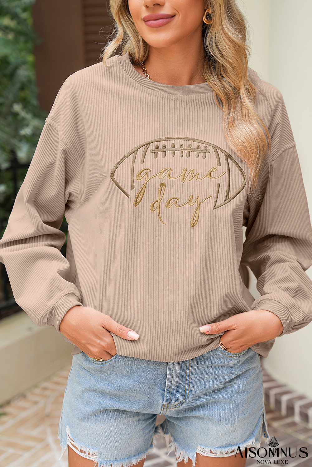 Apricot Football Graphic Drop Shoulder Game Day Corded Sweatshirt