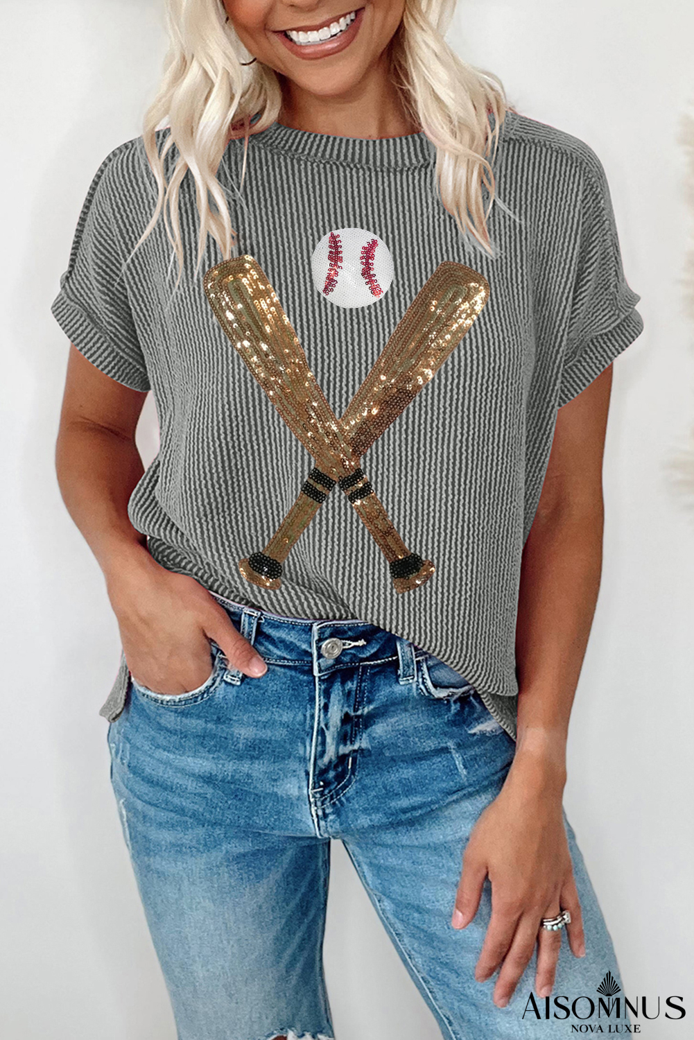 Medium Grey Ribbed Knit Sequin Baseball Graphic T Shirt