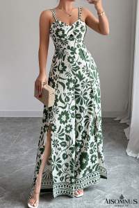 Green Floral Print Spaghetti Straps Backless Wide Leg Jumpsuit
