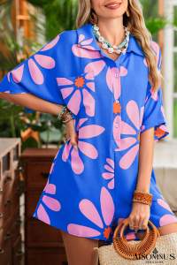 Blue Summer Flower Print Shirt Collar Loose Romper