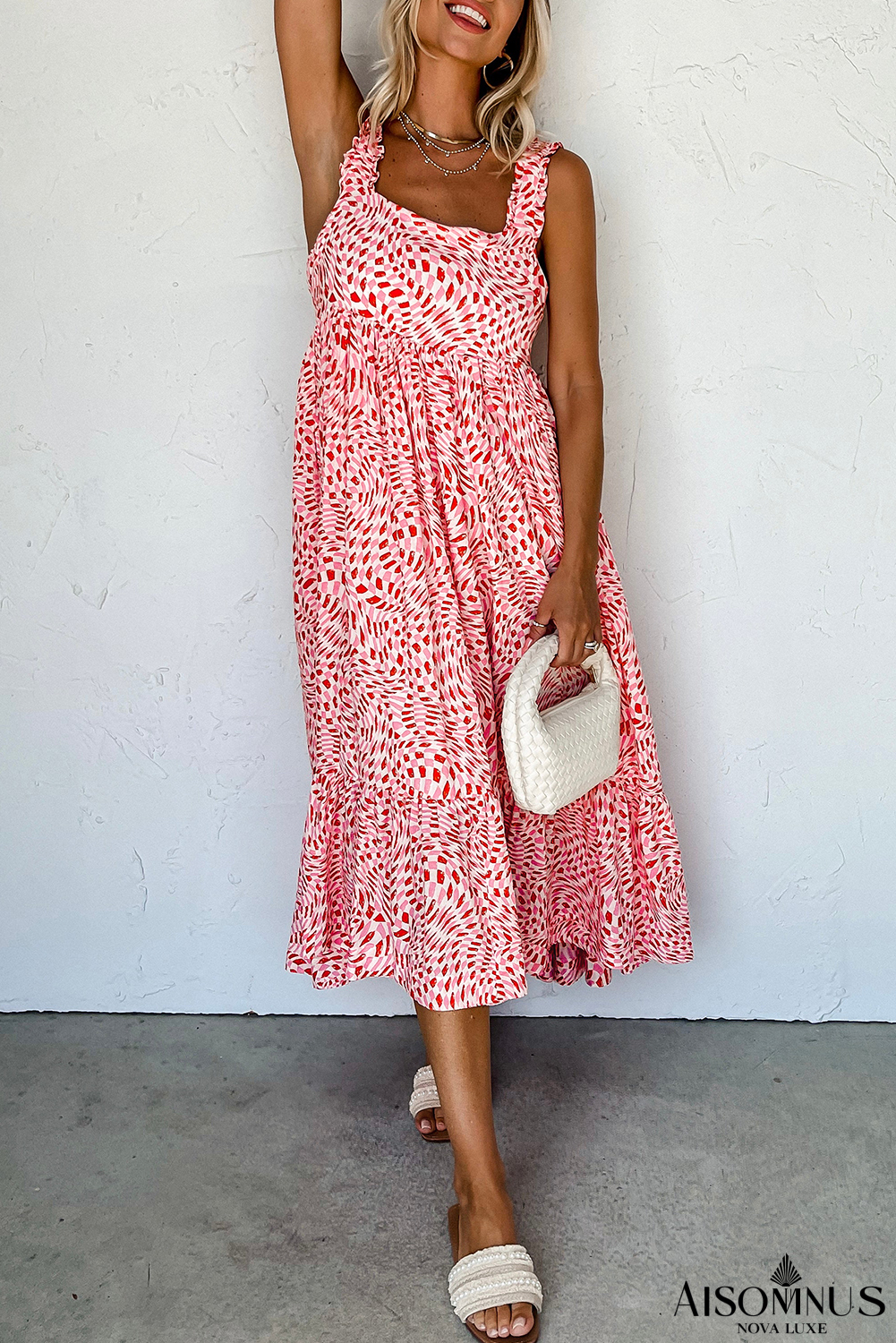 Pink Geometric Print Knot Back Sleeveless Ruffle Hem Dress