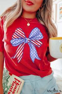 Red American Flag Bow Knot Print Crew Neck T Shirt