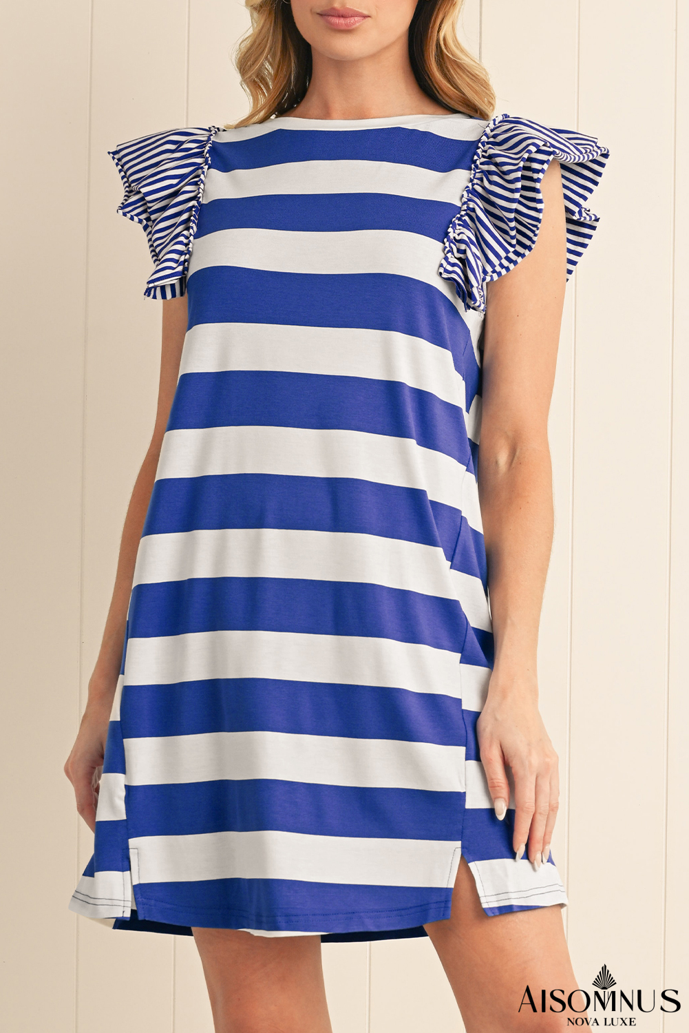 Sky Blue Stripe Ruffle Sleeve T Shirt Dress