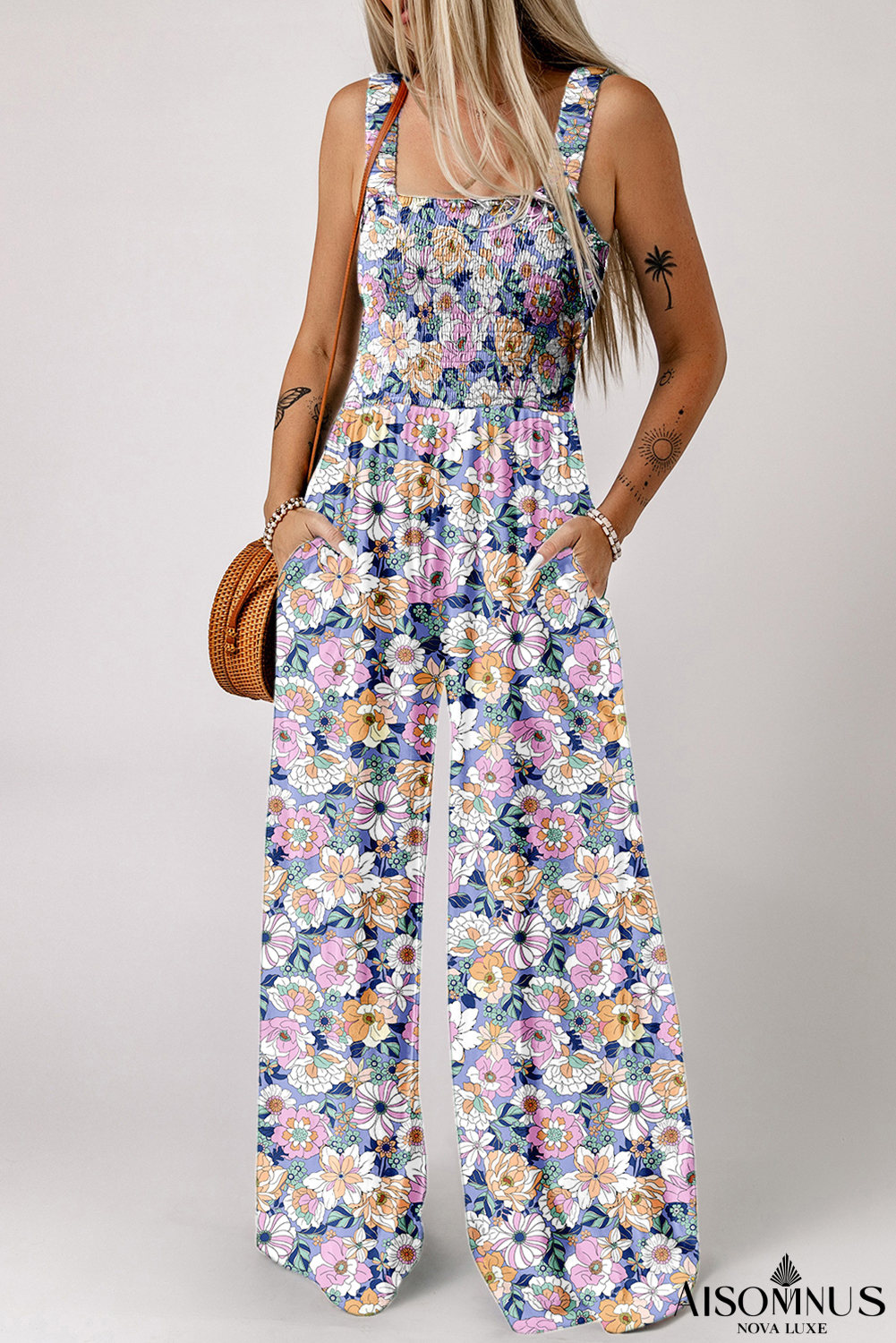 Purple Floral Square Neckline Stretch High Waist Jumpsuit