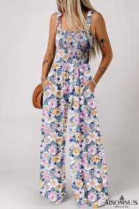 Purple Floral Square Neckline Stretch High Waist Jumpsuit