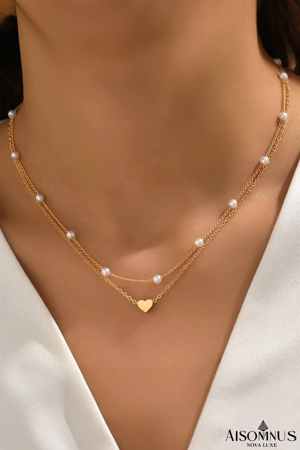 Gold Pearl Heart Chain Necklace