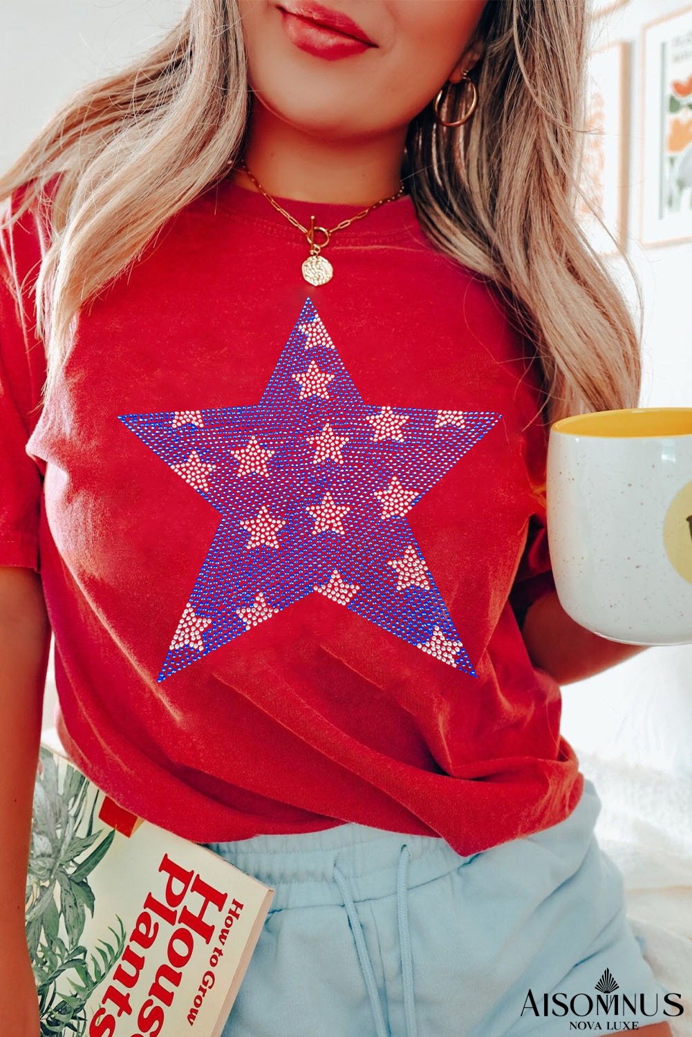 Red Rhinestone Star Pattern Independent Day T Shirt