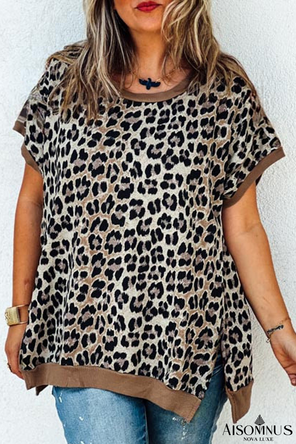 Khaki Leopard Contrast Trim Short Sleeve Loose Plus Size Top