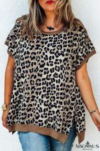 Khaki Leopard Contrast Trim Short Sleeve Loose Plus Size Top