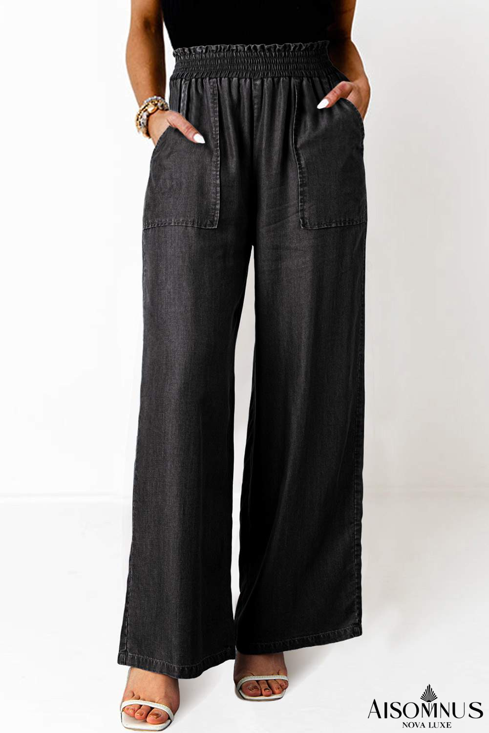 Black Side Pockets Frilled Smocked High Waist Wide Leg Jeans