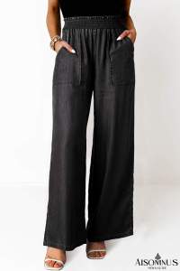 Black Side Pockets Frilled Smocked High Waist Wide Leg Jeans