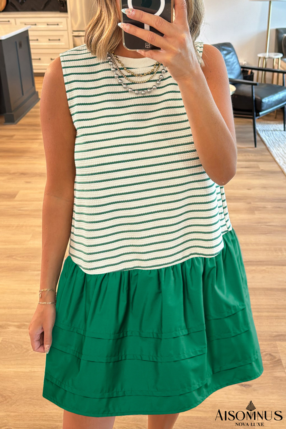 Green Stripe Woven Ruffled Sleeveless Mini Dress
