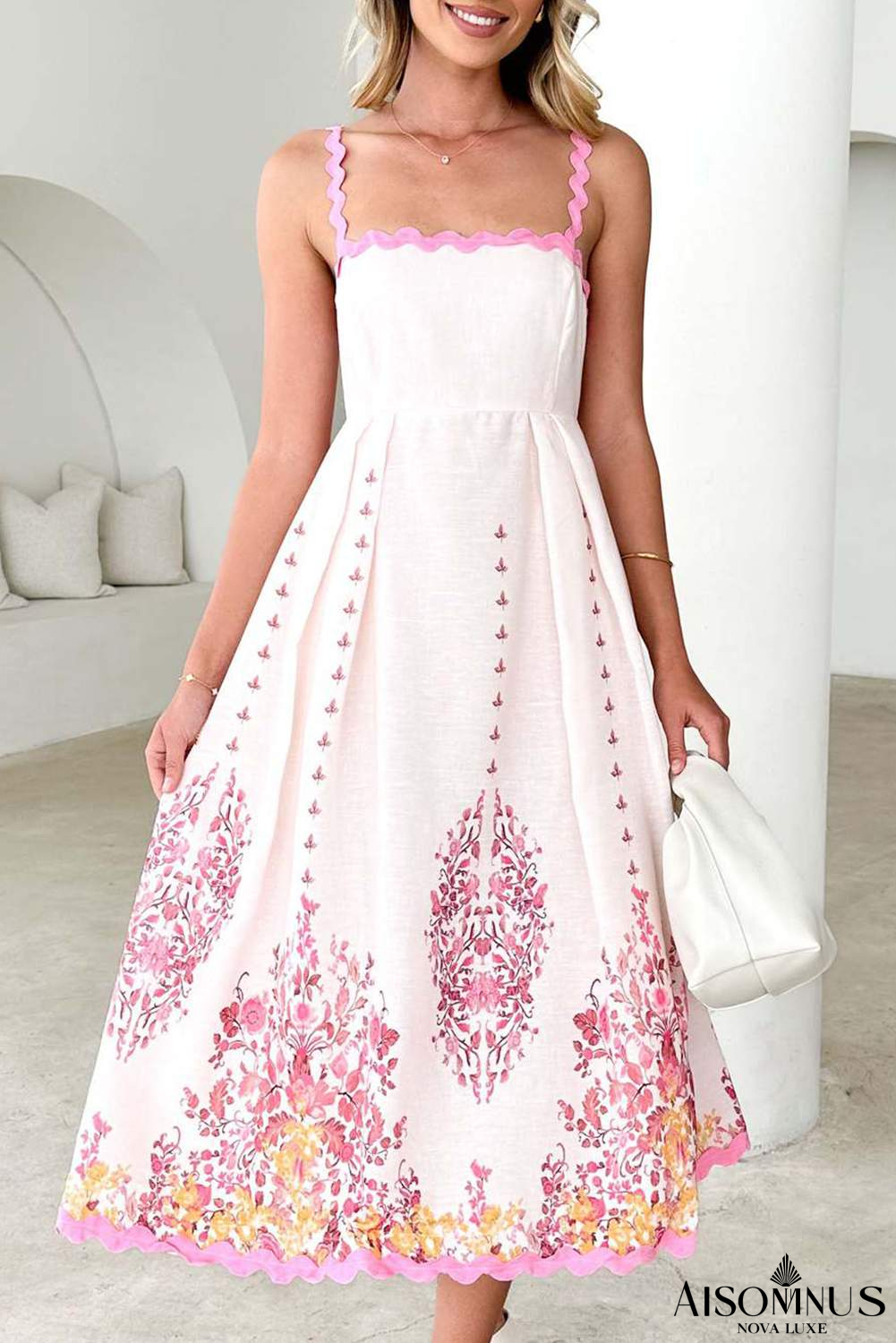 Pink Floral Ric Rac Spaghetti Strap Backless Dress