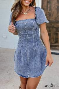 Blue Frill Square Neck Puff Sleeve Backless Denim Dress