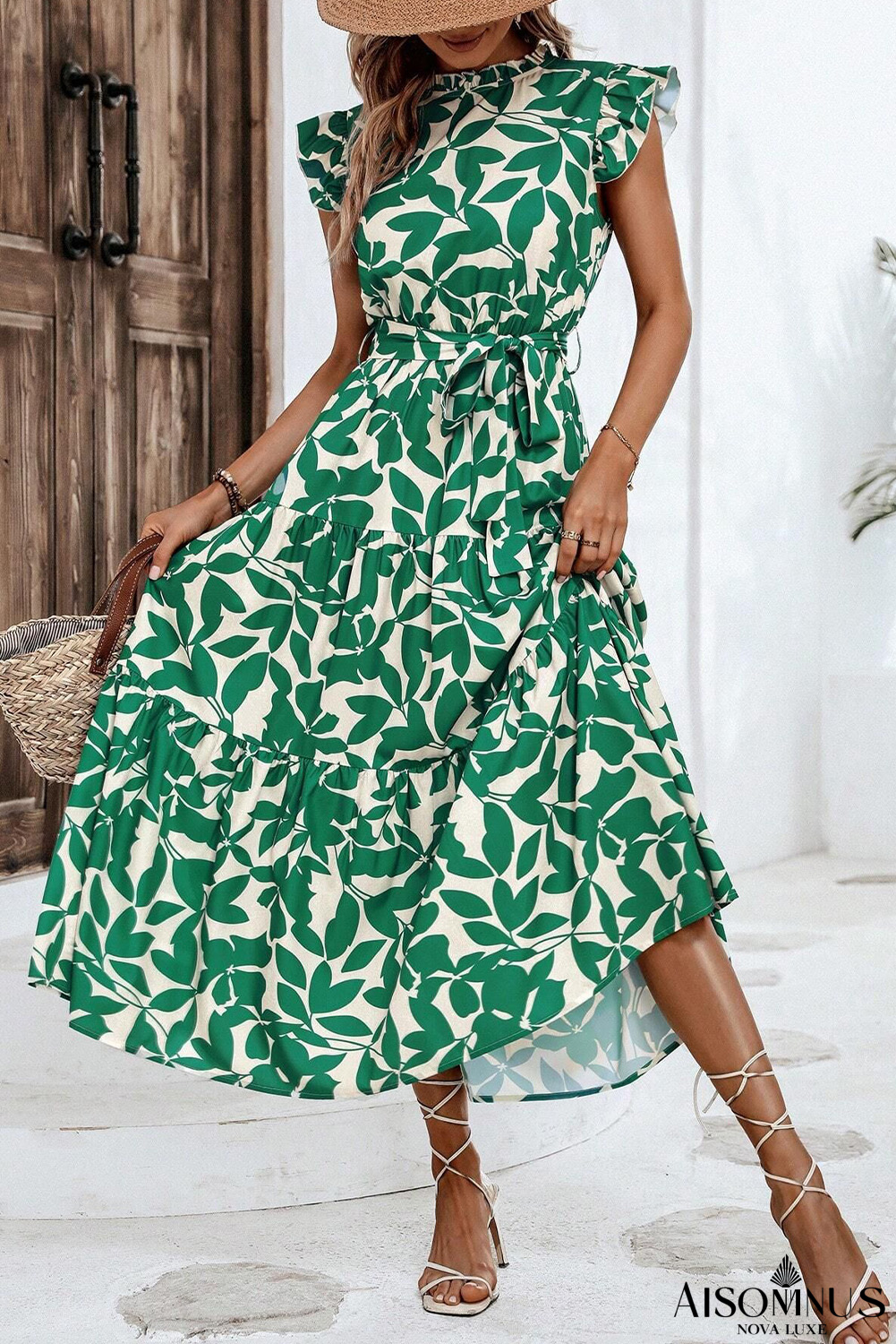 Green Leaf Print Ruffle Mock Neck High Waist Sleeveless Dress
