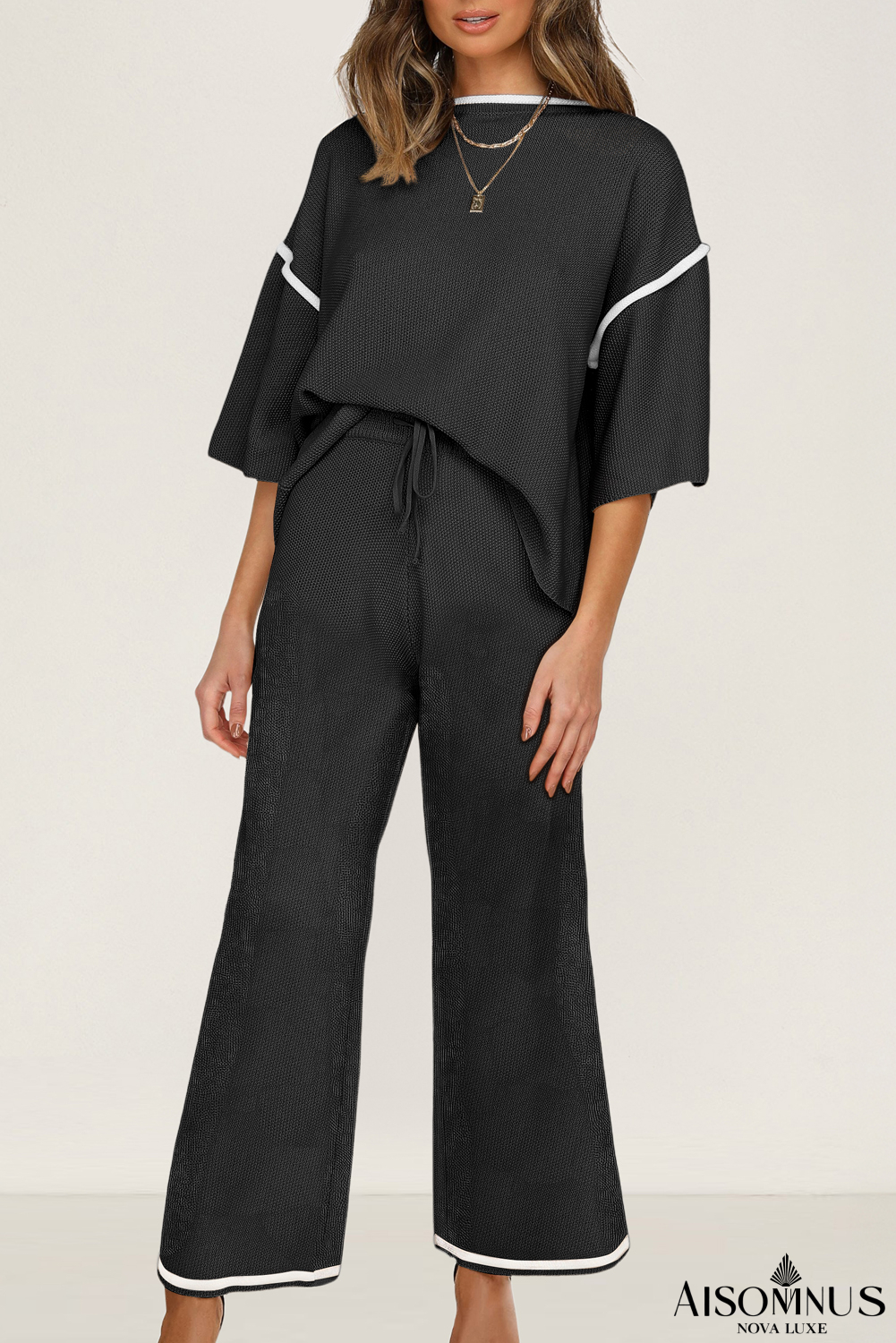 Black Loose Contrast Trim Half Sleeve Top and Drawstring Pants Set