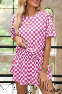 Pink Checkerboard T Shirt and High Waist Skorts Set