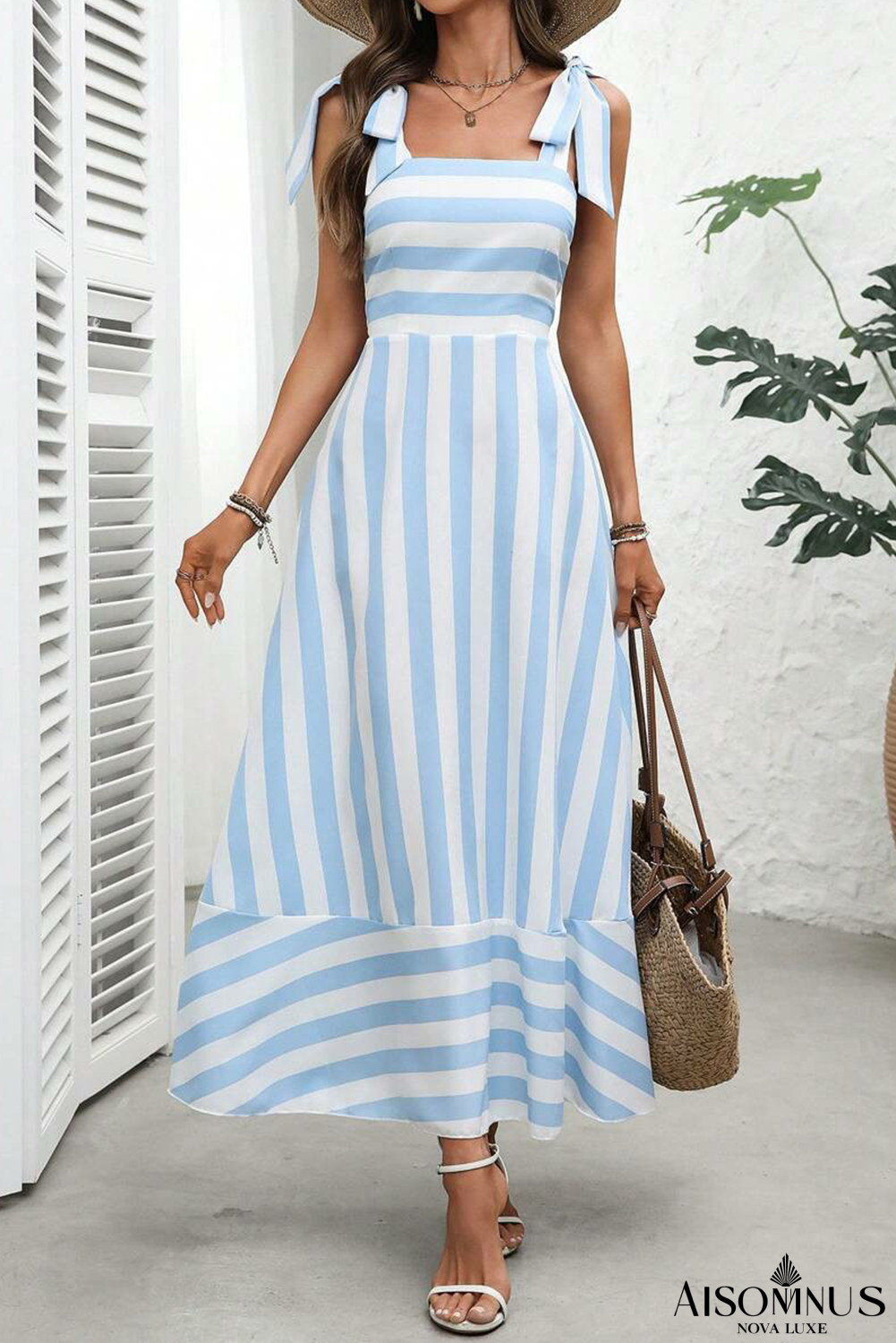 Sky Blue Stripe Knot Strap Maxi Dress
