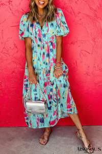 Sky Blue Abstract Print Short Puff Sleeve Tiered Maxi Dress