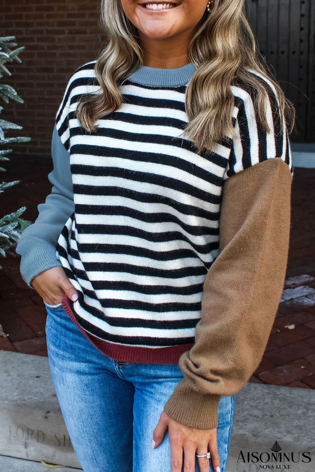 Black Striped Colorblock Patchwork Long Sleeve Sweater