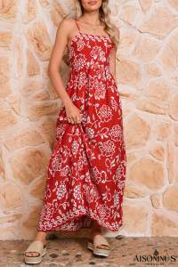 Red Floral Print Spaghetti Strap Empire Waist Maxi Dress