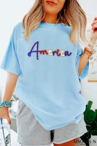 Light Blue Sequin America Graphic Crewneck Patriotic T Shirt